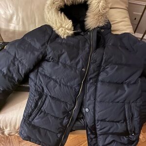 Navy Puffer Jacket with Faux Fur Hood